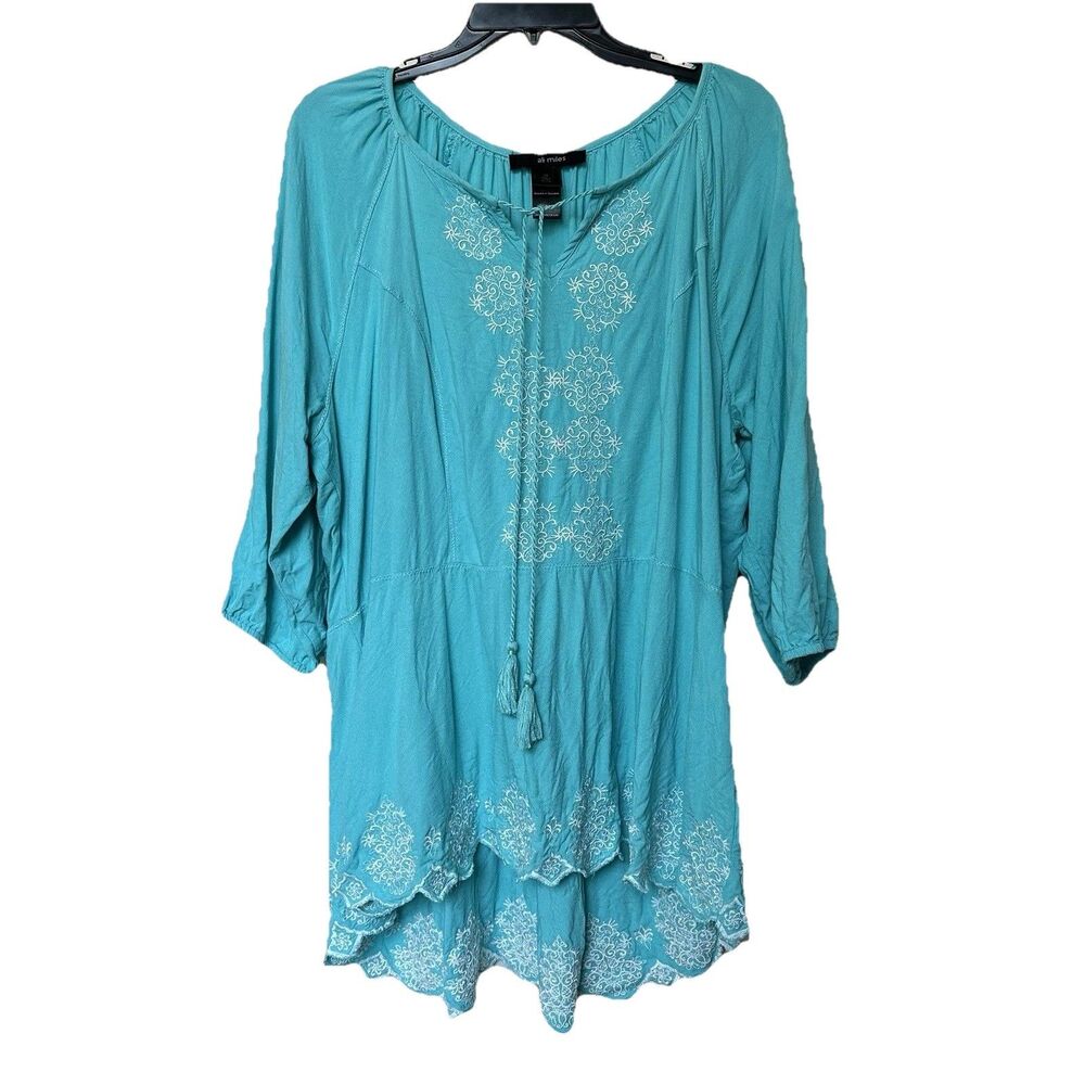 Ali Miles Top Womenโs 1X Turquoise Blue Embroidered Boho Cottage Peasant Resort